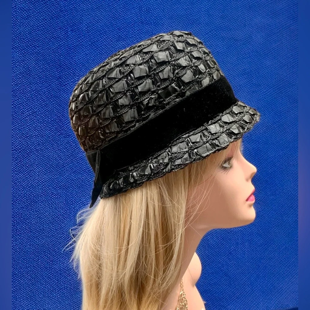 Vintage 50s Black Woven Cello Straw Derby Bucket Hat - Picture 4 of 9